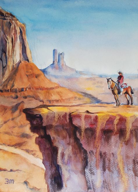 Lone Cowboy, Texas Watercolor, Watercolour Landscape, On Horseback, Cowboy Art, Painting Medium, Beautiful Painting, Rock Formations, Horse Painting