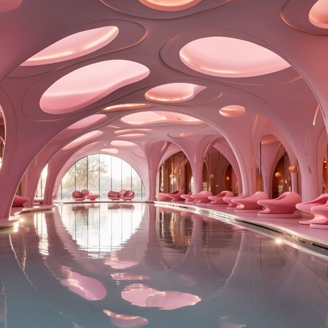 #commercialinteriordesign #pink #barbiecore #barbiehotel #pinkhotel #pinkpool #pinkaesthetictheme #pool #indoorpool Castle House Design, Pink Hotel, Retro Interior Design, Pink Castle, Fantasy Rooms, Pink Palace, Luxury Pools, Location Inspiration, Pool Rooms