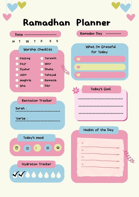 Pink Yellow Blue Cute Ramadhan Planner A4 Document - Templates by Canva Ramadhan Planner, Muslim Journal, Islamic Planner, Ramadan Journal, Ramadan Tips, Routine Schedule, Social Media Content Planner, Planner Writing, A4 Document