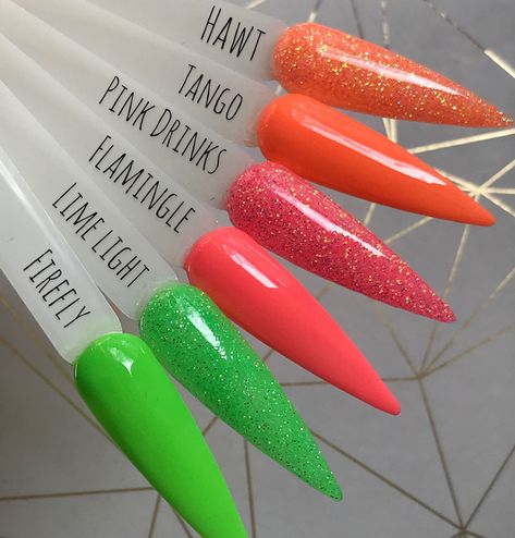 Hot Pink And Neon Green Nails, Bright Green And Blue Nails, Lime Green Dip Nails, Orange Nail Dip Powder, Bright Green And Pink Nails, Lime Green Hot Pink Nails, Lime Green Glitter Nails, Bright Coral Nails, Neon Coral Nails