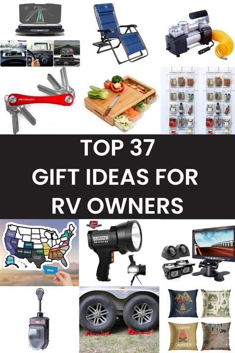 Image showing various gifts for RV owners, including a phone screen projector, lounge chair, tire inflator, key organizer, cutting board, hanging pantry organizer, RV decal, camping spotlight, backup camera, RV surge protector, campervan levelers, and pillow covers. Gifts For Camper Owners, Gifts For Camping Lovers, Camper Gift Ideas, Rv Gift Ideas, Gifts For Rv Owners, Camper Gifts, Rv Gifts, Gift For Campers, Survival Kit Gifts