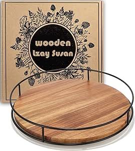 10" Acacia Wood Lazy Susan Turntable, Tomoaza Kitchen Organizer Turntable with Steel Sides, 360 Degree Turntable for Countertop Cabinet or Dining Table (Black) Wooden Lazy Susan, Lazy Susan Organization, Corner Cabinets, Wood Lazy Susan, Countertop Cabinet, Lazy Susan Turntable, Kitchen Organizer, Dining Table Black, Lazy Susan