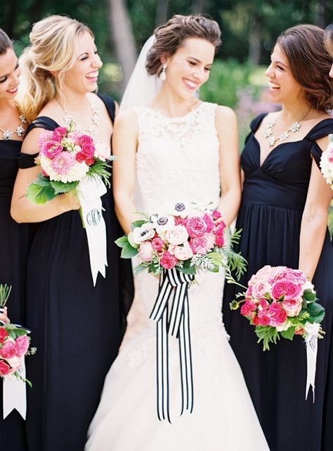 Gorgeous Black, White, and Pink Bridesmaids | Jordan Brittley Photography | http://heyweddinglady.com/whimsical-kate-spade-wedding-black-tie/ Wedding Photography Ideas Bridesmaids, Kate Spade Inspired Wedding, Kate Spade Wedding, Black And White Wedding Theme, Preppy Wedding, Kate Spade Inspired, White Wedding Theme, White Wedding Bouquets, Trendy Wedding Dresses