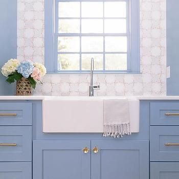 Blue Laundry Room, White Apron Sink, Blue Velvet Accent Chair, Transitional Laundry Room, Benjamin Moore Blue, Grey Laundry Rooms, Blue Laundry Rooms, Blue Subway Tile, Blue Shelves