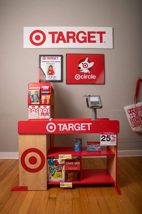 Mom Builds Mini Target and Starbucks In Her Daughter's Playroom Kids Grocery Store, Pretend Grocery Store, Cheap Laminate Flooring, Target Store, Cube Storage Unit, Cheap Flooring, Starbucks Menu, Deco Jungle, Girls Playroom