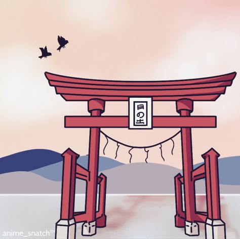 A pastel, soft Japanese Shrine Gate. Sunrise Sticker, Tori Gate, Japanese Gate, Japan Interior, Shrines Art, Sunset Sticker, Japanese Shrine, Dark Vintage, Simple Illustration