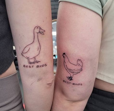 Matching Friends Tattoo Tv Show, Best Friend Tattoos Funny Silly, Best Friend Duck Tattoos, Cute Friends Tattoos, Funny Simple Matching Tattoos, Best Friend Tattoos Girly, Matching Country Tattoos For Best Friends, Quirky Best Friend Tattoos, Matching Nature Tattoos Best Friends