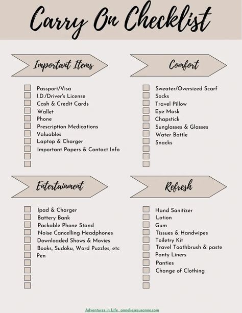 Plane Carry On Essentials Packing Lists, Flight Checklist Packing Lists, Carry On Bag Checklist, What To Bring On A Plane Carry On, Flight Carry On Essentials, Carry On Vs Checked Bag, Carry On Packing List Airplane Travel Essentials, Carry On Checklist, Carry On List Airplane