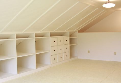 built-in storage in a loft space. I especially like the idea of shelves and drawers, but would need space to hang clothes too...maybe a custom/built-in wardrobe on the open end of the loft? Finished Attic, Attic Closet, Attic Playroom, Attic Loft, Loft Storage, Attic Conversion, Attic Space, Attic Bathroom, Attic Bedrooms