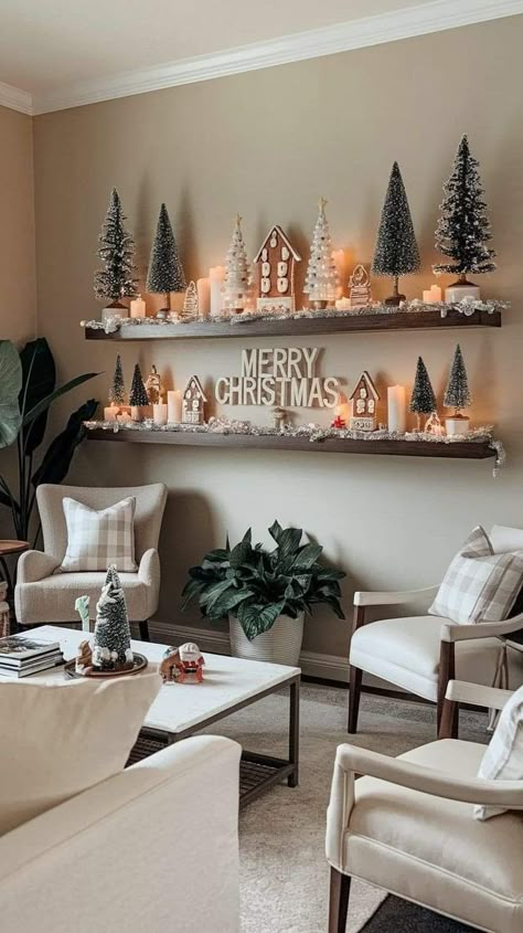 Tv Decoration Christmas, Christmas Shelf Decor Ideas Wall Shelves, Christmas Display Shelf, Christmas Decor For Wall Shelves, Living Room Shelf Christmas Decor, Christmas Floating Shelf Decor Ideas, Christmas Decor Ideas Around Tv, Shelf Decor Christmas Living Room, Christmas Room Decor Simple