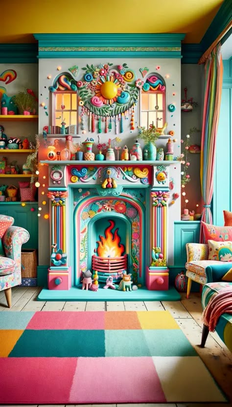 Colorful Fireplace, Whimsical Living Room, Unique Fireplace, Colorful Vases, Minimalist Fireplace, Vibrant Rug, Fireplace Decor Ideas, Fun Living Room, Light Wooden Floor