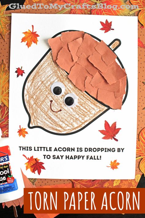 Create adorable torn paper acorns with your child. Download the free printable template and follow our easy step-by-step guide. Easy November Crafts For Preschool, Autumn Arts And Crafts For Toddlers, Fall Art For Toddlers November, Acorn Was A Little Wild Activities, Apple Activities Preschool Crafts, Acorn Printable Template, November Daycare Crafts, Handprint Acorn Craft, Squirrel And Acorn Crafts Preschool