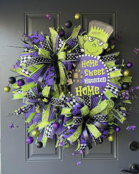 🎃 Ready to haunt your home this Halloween? Our Purple and Green Halloween Wreath is just what you need to add some playful spookiness to your decor! Featuring a ‘Home Sweet Haunted Home’ sign with Frankenstein, this handmade wreath is perfect for your front door. Get yours today and be the envy of the neighborhood! 👻🕸️ #HalloweenDecor #HandmadeWreath #spookyseason Purple And Green Halloween, Frankenstein Wreath, Home Sweet Haunted Home, Green Halloween, Witch Wreath, Halloween Porch Decorations, Halloween Wreaths, Halloween Porch, Home Sign