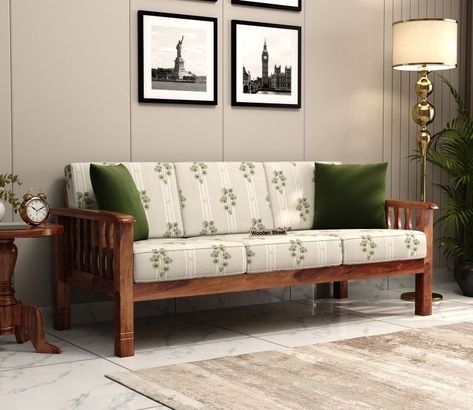 Olympia 3 Seater Sheesham Wood Sofa (Honey Palm Leaf stripes) - 3 Seater Wooden Sofa Design - Wooden Street Wooden Sofa Set Designs Modern, Sheesham Wood Furniture, Sofa Makeover, Square Sofa, Wooden Sofa Set Designs, Wooden Sofa Designs, Affordable House Plans, Teak Sofa, Wooden Sofa Set