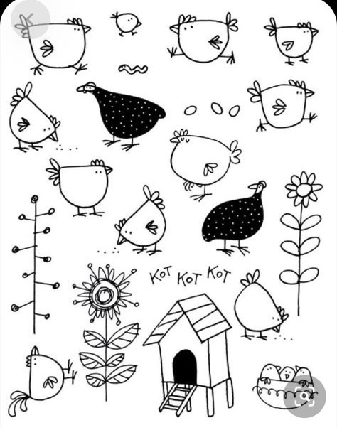 Doodle Chicken Drawing, Chicken Doodles Cute, Hen Doodle, Chicken Drawing Illustration, Chicken Drawing Cute, Chicken Doodles, Cute Animal Doodles, Cute Chicken Drawing, Chicken Sketch