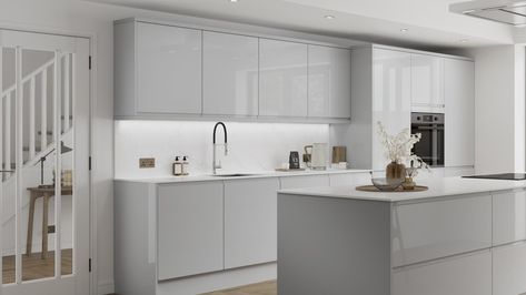 Clerkenwell Gloss Dove Grey Kitchen | Fitted Kitchens | Howdens Dove Grey Gloss Kitchen, Howdens Dove Grey Kitchen, Light Grey Gloss Kitchen, Sandstone Kitchen, Howdens Clerkenwell, Dove Grey Kitchen, Grey Gloss Kitchen, Cloakroom Ideas, High Gloss Kitchen Cabinets