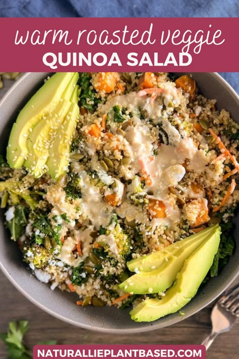 Veggie Protein Meals, Salad With Roasted Veggies, Toasted Sesame Dressing, Quinoa Salad Vegan, Crunchy Quinoa, Veggie Quinoa Salad, Feta Crumbles, Root Vegetable Salad, Veggie Quinoa