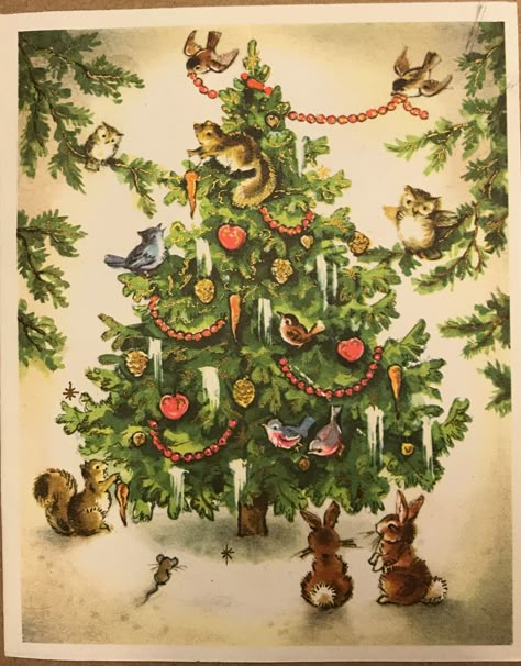 Woodland forest animals around a Christmas tree Vintage Christmas Tree Decorations, Christmas Tree Wallpaper, Postal Vintage, Christmas Forest, Gifts Drawing, Vintage Christmas Images, Christmas Illustrations, Woodland Christmas, Old Christmas