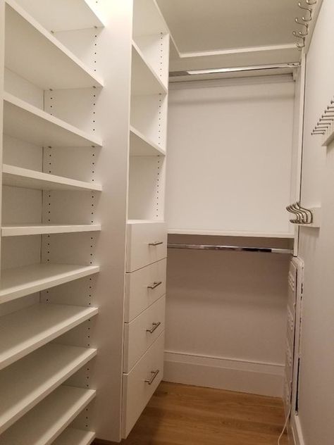 Tiny Walk In Wardrobe, Long Narrow Walk In Closet, Narrow Master Closet, Tiny Walk In Closet, Wir Ideas, Tiny Walk In Closet Ideas, Small Bedroom Cupboards, Narrow Walk In Closet Ideas, Contemporary Walk In Closet