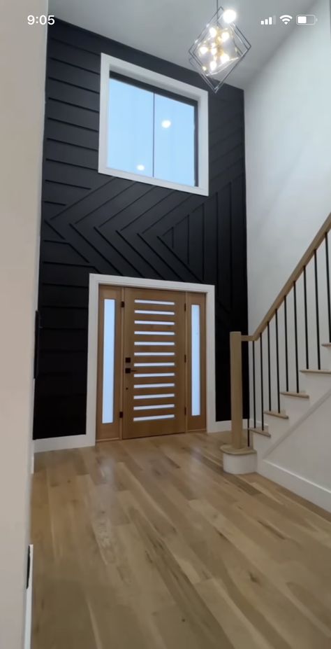 Tall Entry Way Ideas, 2 Story Accent Wall, Feature Wall Staircase, Dark Wood Staircase, Stairwell Decor, Staircase Accent Wall, Staircase Wall Decor, Add A Room, Board Batten