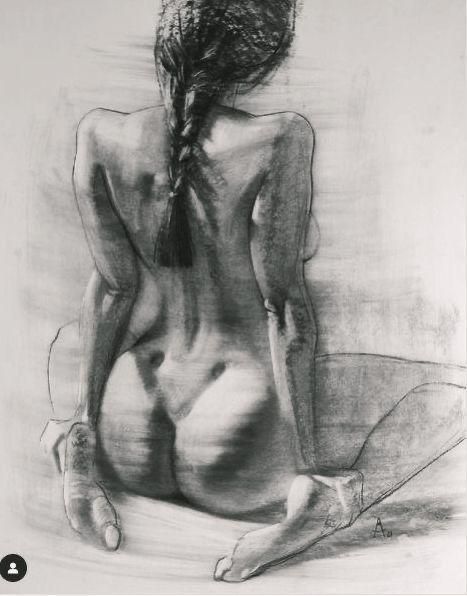 6 Charcoal sketch of a seated woman with a braid, viewed from behind, capturing graceful lines and artistry. | Sky Rye Design Boho Curly Hairstyles, Curly Hairstyles For Short Hair, Side Curly Hairstyles, Woman Body Sketch, Braids Boho, For Short Hair Hairstyles, Female Artwork, Art Of Drawing, Body Sketches