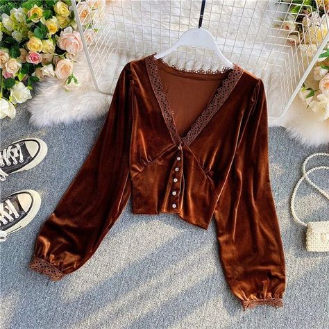 Velvet Shirts, Cheap Blouses, Patchwork Top, Velvet Shirt, Future Outfit, Winter Mode, Velvet Lace, Casual Lace, Fashion 2020