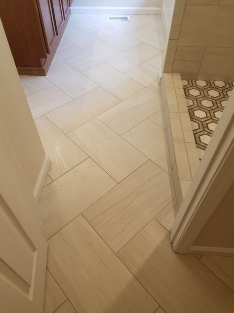 12x24 master bath floor on a diagonal herringbone Herringbone Tile Bathroom Floor, Bathroom Floor Tiles Ideas, Herringbone Tile Bathroom, Herringbone Tile Pattern, Cool Bathroom, Herringbone Tile Floors, Flooring Kitchen, Tile Renovation, Closet And Bathroom