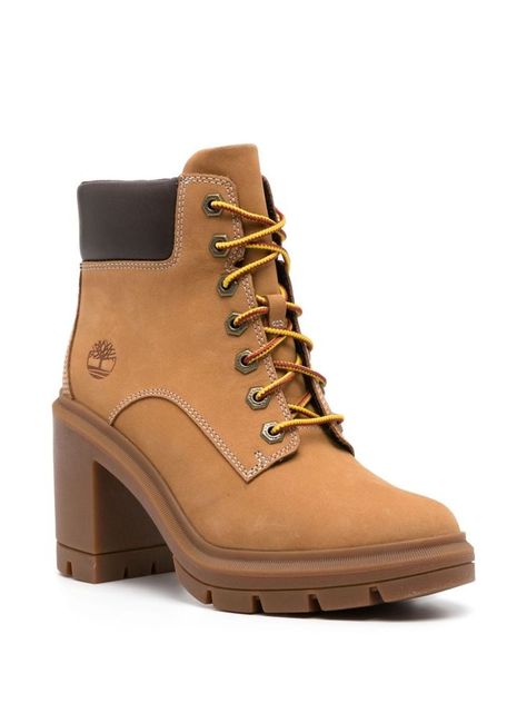 Caramel brown, cedar brown, calf suede, contrasting insert detail, side logo print, front lace-up fastening, round toe, logo insole, high block heel and chunky rubber sole. Jeans With Timberland Boots, Timberland Heel Boots, Timberland Heels, Lace Up Boots Women, Brown Heeled Boots, Lace Up Block Heel, Expensive Shoes, Heel Boot, Caramel Brown