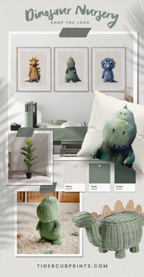 Dinosaur theme nursery mood board featuring dinosaur teddy and dinosaur nursery accessories Dino Nursery Decor, Dinosaur Theme Nursery, Dino Accessories, Dinosaur Nursery Baby Boy, Baby Boy Nursery Dinosaur, Nursery Moodboard, Dinosaur Aesthetic, Dinosaur Themed Nursery, Nursery Mood Board