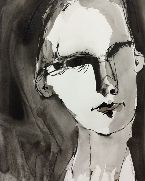 veronica cay self portrait Indian ink Indian Ink Portrait, Indian Ink Drawing, Indian Ink Art, Portrait Indian, Sales Gallery, Watercolor Architecture, Abstract Face Art, Tinta China, Figurative Artwork