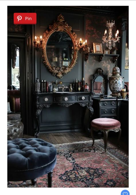 Dark Makeup Room, Whimsy Goth Home Aesthetic, New England Style Living Room, Dark Home Decor Ideas, Victorian Dressing Room, Black Gold Room, Gothic Victorian House, Feminine Era, Glamour Interiors