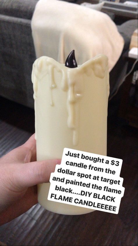 Grab a $3 candle from the Target dollar spot and color the flame black!! I used a black sharpie. Perfect for a Hocus Pocus or witch display! Diy Black Flame Candle, Witch Display, Hocus Pocus Party Decoration, Hocus Pocus Decorations, Hocus Pocus Movie, Halloween Gender Reveal, Hocus Pocus Party, Hocus Pocus 2, Black Flame Candle