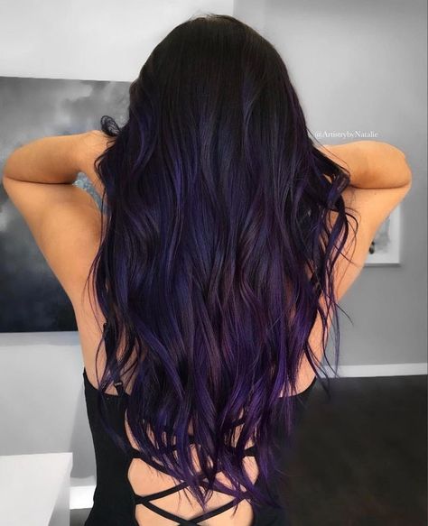 Purple Color On Black Hair, Streaks Of Blue In Hair, Dark Fun Hair Color Ideas, Fun Black Hair Color Ideas, Dark Brown Hair With Pop Of Color, Purple Hair On Black Hair, Dark Brown And Purple Hair Balayage, Hair Color Ideas For Dark Hair Balayage, Dark And Purple Hair