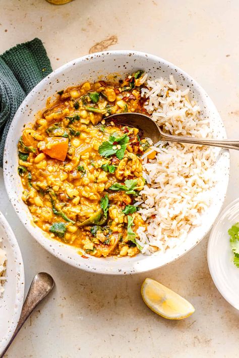 Peas Recipe Indian, Legume Dishes, Yellow Split Pea Recipe, Canned Tomato Recipes, Makers Diet, Yellow Split Pea, Brown Basmati Rice, Spinach Dal, Rice On The Stove