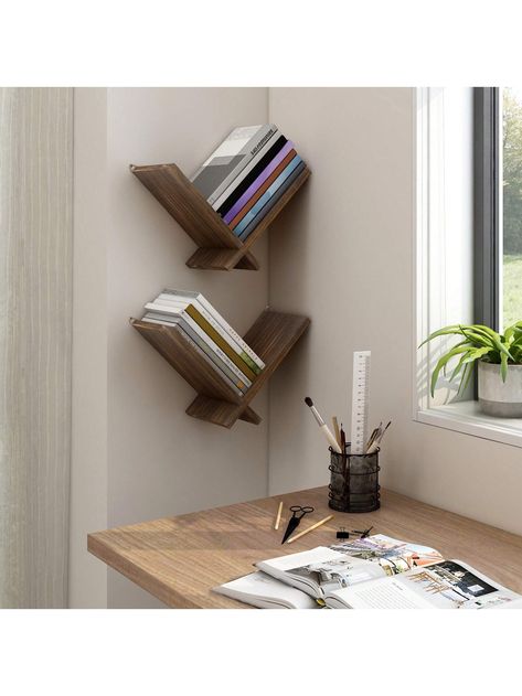 Coffee Brown  Collar  Wood   Embellished   Storage & Organization Small Wall Bookshelf Ideas, Tree Book Shelves, Bookshelf Bedroom Ideas, Floating Bookshelves Bedroom, Wall Bookshelf Ideas, Bookshelf For Office, Wall Bookshelf, Floating Bookshelf, Shelves Floating