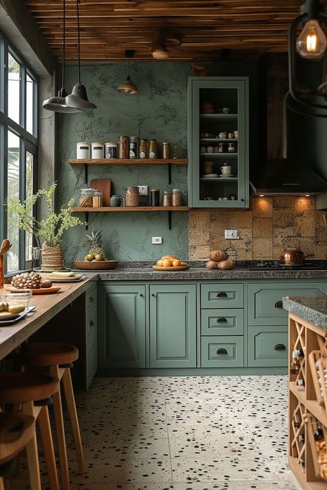 Aesthetic Kitchen Vintage, Kitchen Aesthetic Green, Victorian Modern Kitchen, Green Kitchen Remodel, Kitchen Design Green, Kitchen Cabinets Green, Kitchen Island Green, Green Kitchen Aesthetic, Green Kitchen Inspiration