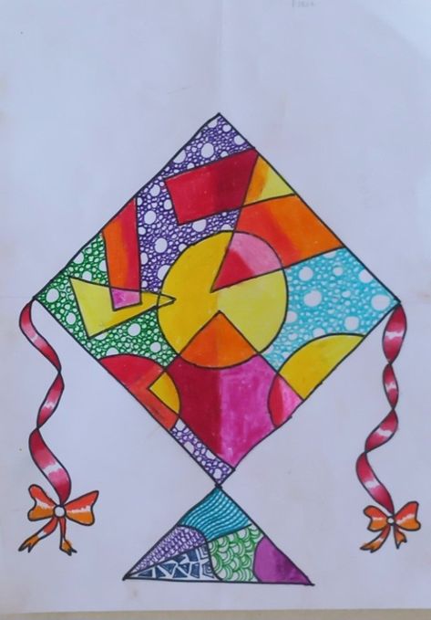 Kite Design for elementary students Flying Drawing, Design With Geometric Shapes, Basic Drawing For Kids, Elementary Drawing, Stamp Drawing, Fly Drawing, Cardboard Mask, Durga Mantra, Drawing Kids