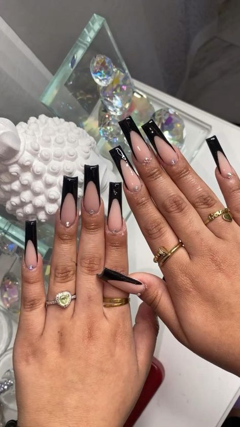 Black French Tip Acrylic Nails With Rhinestone, Black French With Red Bottoms, White Bottom Nails, Black French Tip Nails With Initials, Black Nail Designs With Rhinestones, Long French Tip Nails, Black Acrylic Nail Designs, Black French Tips, Curved Nails