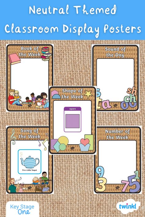 This set of neutral classroom display posters are ideal for creating displays around your setting to provide information about weekly focuses, such as sound, number, shape, song or book of the week. Each poster is ideal for a neutral classroom display as they use soft, pastel colours along with white writing and a hessian-effect background. When used alongside neutral coloured backing paper or hessian, the children's work becomes the focus of your displays. Year 6 Displays, Book Of The Week Display Classroom, Year 2 English Display, Year 1 Phonics Display, Hessian Classroom Display, English Display Ks2 Working Wall, Ks1 Classroom, Calm Classroom, Display Banners