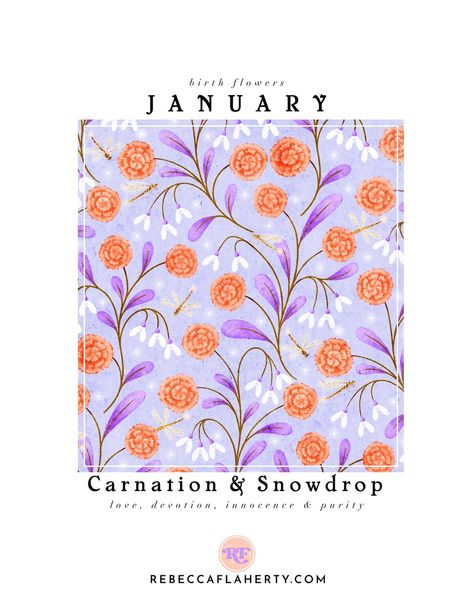 I’ve made a few half hearted attempts at doing a birth flower series over the last couple of years, but this year I thought I’d do a properly coordinated one. Most of the months have 2 flowers so I decided to create some imaginary hybrid creations for each month! Carnations and Snowdrops are the 2 flowers for January. If you’re celebrating a birthday this month, happy birthday, and which of the two birth flowers for this month would you choose as your favourite? Gifts, cards, art prints and ... January Flowers, 2 Flowers, Procreate Tutorial, Cards Art, Carnation Flower, Ideas Casa, Gifts Cards, Birth Flower, Birth Month