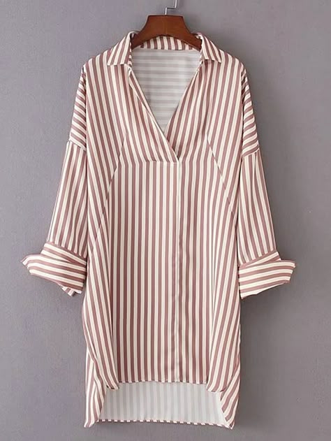 :: vertical striped shirt dress | shein :: High Low Shirt Dress, Vertical Striped Shirt, High Low Shirt, Striped Shirts, Fashion For Summer, Striped Shirt Dress, Trendy Fashion Women, Casual Blouse, Long Sleeve Casual