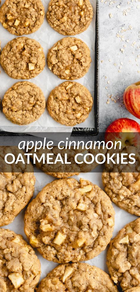 Apple Cinnamon Oatmeal Cookies - Deliciously thick, soft, and chewy oatmeal cookies that are perfectly spiced and packed full of juicy apple chunks. These are the best cookies to start your autumn baking with! Oat Cookie Recipes, Apple Cinnamon Oatmeal Cookies, Soft And Chewy Oatmeal Cookies, Apple Cookies Recipes, Cinnamon Oatmeal Cookies, Oat Cookie Recipe, Chewy Oatmeal Cookies, Apple Oatmeal Cookies, Autumn Baking