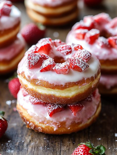 Delightful Strawberry Cheesecake Filled Donuts 🍩   🍩 𝗜𝗻𝗴𝗿𝗲𝗱𝗶𝗲𝗻𝘁𝘀 🍩 2 cups all-purpose flour 1/2 cup granulated sugar 2 tsp baking powder 1/2 tsp salt 1/2 cup milk 1/4 cup unsalted butter, melted 2 large eggs 1 tsp vanilla extract 1 cup fresh strawberries, diced 8 oz cream cheese, softened 1/4 cup powdered sugar 1 tsp lemon juice 1 cup powdered sugar (for glaze) 2-3 tbsp milk (for glaze) 1 tsp vanilla extract (for glaze) Strawberry Sweet Rolls, Strawberry Donut, Strawberry Donuts, Sweet Treats Desserts, Filled Donuts, Kawaii Cooking, Food Crush, Delicious Snacks Recipes, Fresh Strawberries