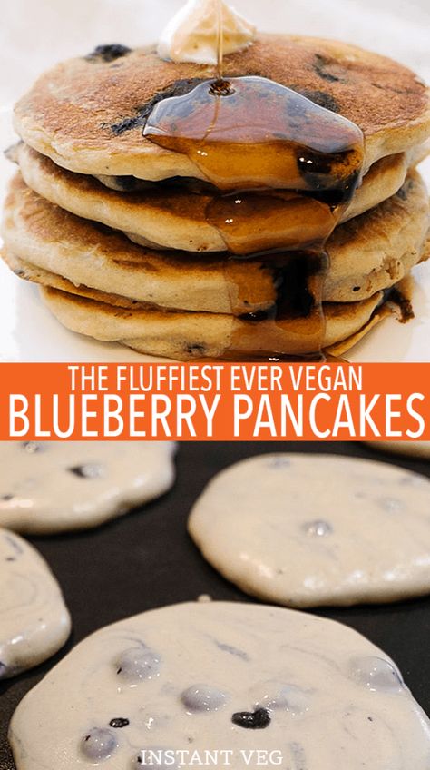 Vegan Blueberry Pancakes - Instant Veg Pancake Recipe No Baking Powder, Blueberry Pancakes Easy, Vegan Blueberry Pancakes, Easy Vegan Breakfast Ideas, Best Vegan Pancakes, Buttermilk Pancake Recipe, Pancakes Protein, Blueberry Pancakes Recipe, Easy Vegan Breakfast