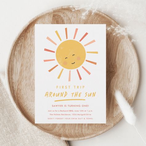 First Trip Around the Sun 1st Birthday Invitation Sunshine First Birthday, Sun Birthday, First Trip Around The Sun, One Year Birthday, 1st Birthday Party Invitations, 1st Birthday Party Themes, Sunshine Birthday, 1st Birthday Themes, 1st Birthday Invitation