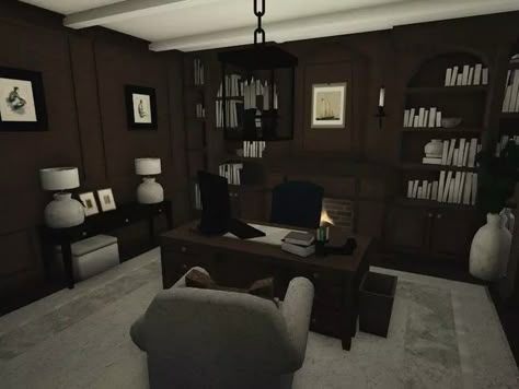 Small Bloxburg Office, Bloxburg Library Room Ideas, Dining Room Decor Bloxburg, Bloxburg Bedroom Ideas Dark Academia, Grunge Bloxburg Room, Bloxburg House Ideas Dark Academia, Office Room Bloxburg, Modern Bloxburg Living Room Ideas, Bloxburg Dark Bedroom Ideas