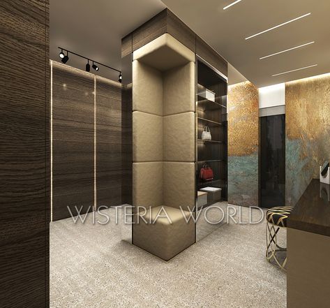 The solution that you have dreamed of!⁣ A smart solution for a pillar found in the centre of a master dressing room. We camouflaged the pillar along with a bench and portable shelves.⁣  |Wisteria Design Department⁣ 🏠: WSR-  Al Samahi Residence⁣ 📍: Hiteen - Riyadh – KSA⁣ ⁣ *PROUDLY DESIGNED BY WISTERIA WORLD Master Dressing Room, Portable Shelves, Building Columns, Wisteria Design, Chocolate Creations, Pillar Design, Design Department, Smart Solutions, Shop Display