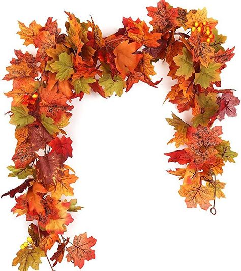 Decoration For Stairs, Wall With Bookshelves, Bookshelves And Fireplace, Autumn Town, Vines Hanging, Stairs Wall, Vine Garland, Leaves Garland, Fall Leaf Garland