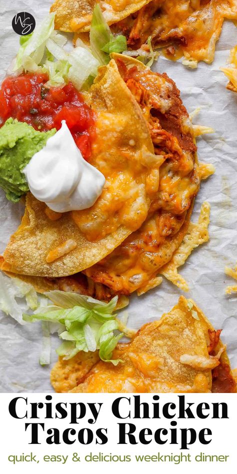 Our quick and easy Crispy Chicken Tacos are the perfect dinner option for your next Taco Tuesday or any night of the week! A super simple recipe that is made in under 30 minutes. Just make sure you add all the fresh taco toppings! Baked Chicken Taco, Crispy Chicken Tacos, America Recipes, Chicken Tacos Recipe Easy, Fried Chicken Taco, Wooden Skillet, Taco Tuesday Recipes, Chicken Tacos Recipe, Easy Taco Recipes