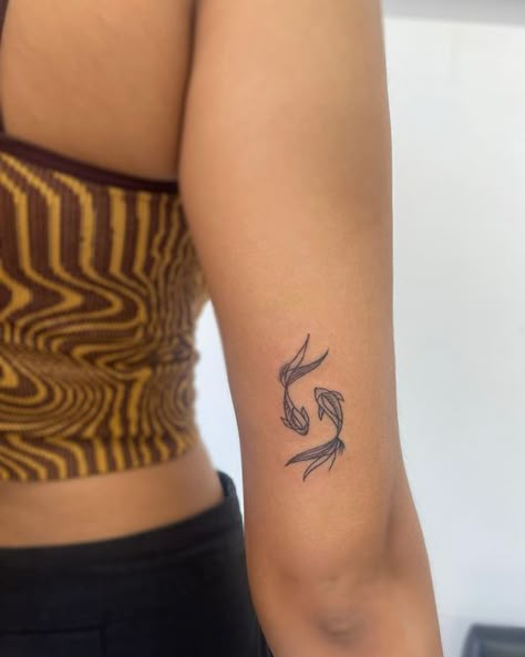 Small Concept Tattoo, Patch Work Arm Tattoos, Upper Elbow Tattoo, Tiny Tattoos Placement, Pisces Fish Tattoo, Back Of Elbow Tattoo, Nz Tattoo, Tiny Tattoo Placement, Coy Fish Tattoos